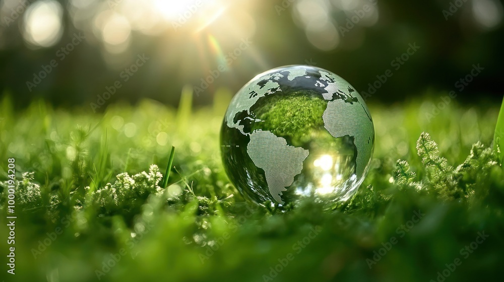 A globe of Earth rests on bright green grass under the warm sunlight of a calm afternoon A globe of Earth rests on bright green grass under the warm sunlight of a calm afternoon