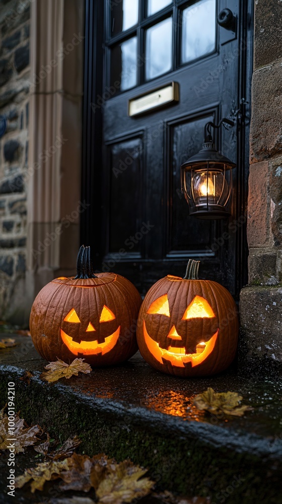 Obraz premium Two glowing Halloween pumpkins with carved faces sit at the entrance of a home, surrounded by fallen leaves, creating a festive autumn atmosphere.