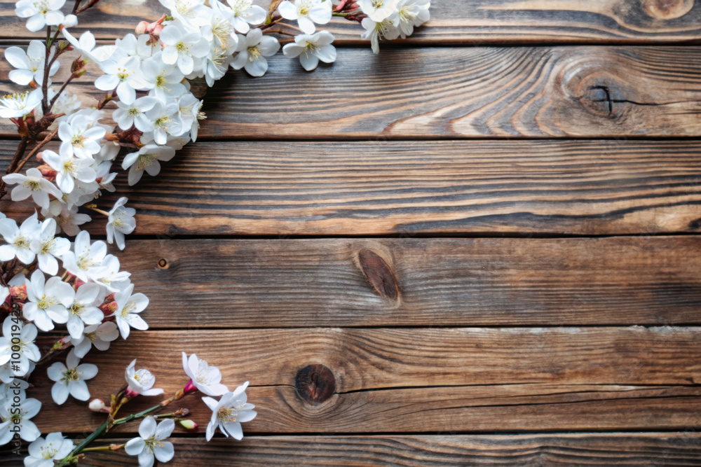 Fototapeta premium Delicate cherry blossoms gracefully arranged on rustic wooden planks, evoking spring's nostalgic beauty in natural light. Generative AI