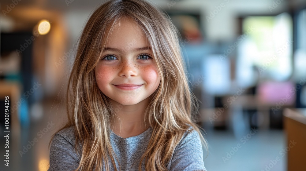 A cheerful young girl with long hair is smiling happily in a bright, inviting indoor environment