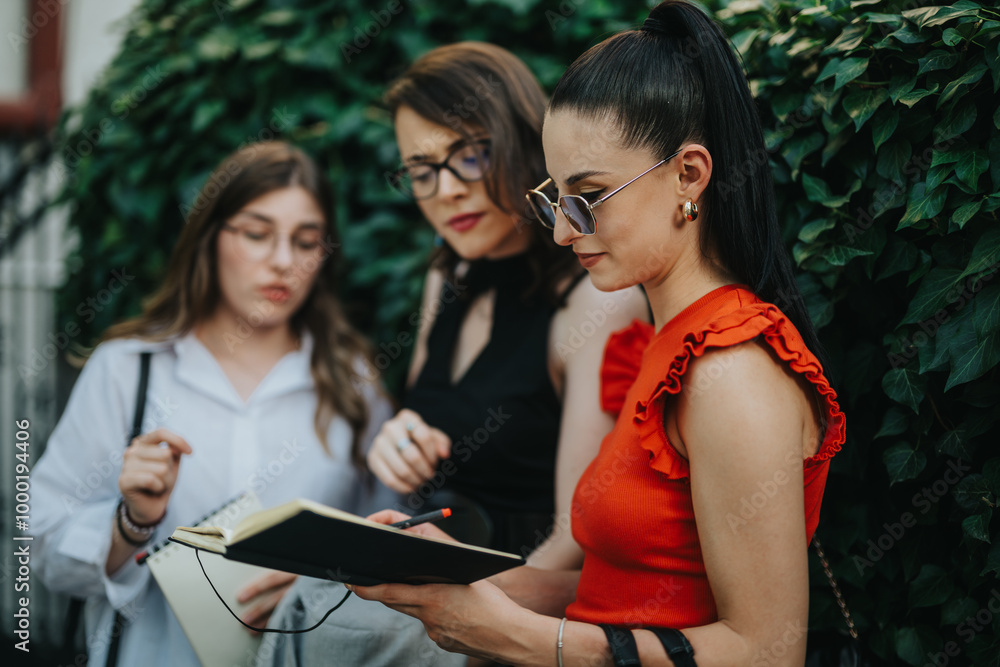 Three businesswomen collaborating and brainstorming ideas outdoors, while reviewing notes in a notebook. Teamwork and planning in an outdoor setting. Three businesswomen collaborating and brainstorming ideas outdoors, while reviewing notes in a notebook. Teamwork and planning in an outdoor setting.