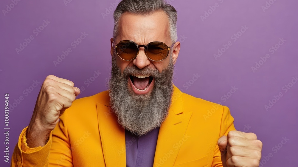 Fototapeta premium A man with a beard wearing sunglasses and an orange suit celebrates with enthusiasm and joy