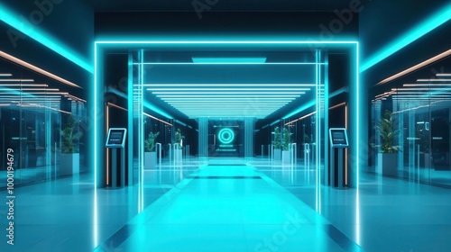 High-tech bank lobby featuring biometric scanners, interactive holographic displays, and digital assistants, Futuristic, neon blue lights, AI integration