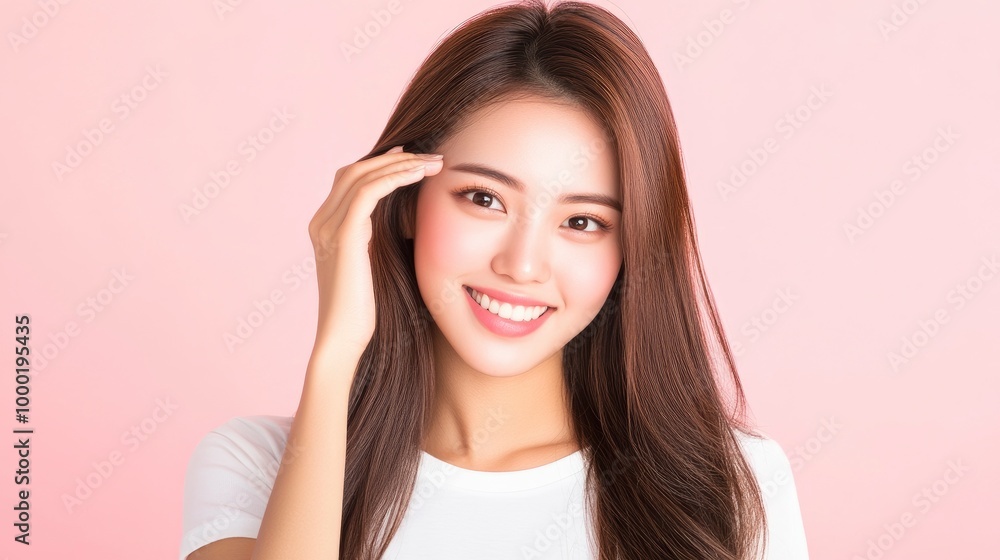 A beautiful asian woman with long hair is smiling and touching the side of her head. She is wearing a white t shirt against a pastel pink background A beautiful asian woman with long hair is smiling and touching the side of her head. She is wearing a white t shirt against a pastel pink background