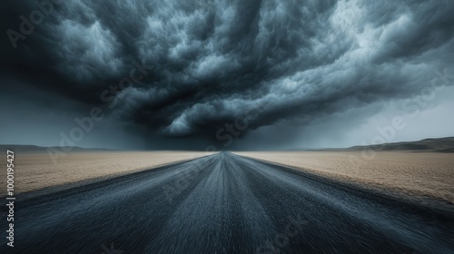 An intriguing image depicting an endless, straight road stretching forward beneath dark and ominous storm clouds. Represents a journey, solitude, and uncertain future. photo