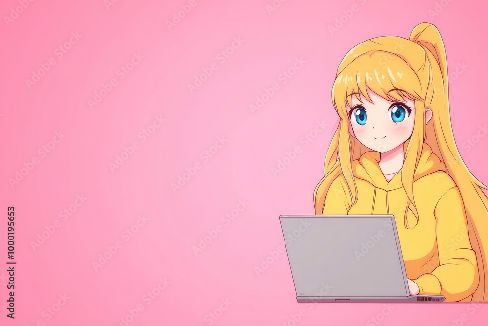 A cute girl with long blonde hair and blue eyes wearing a yellow hoodie, using a laptop, against a pink background A cute girl with long blonde hair and blue eyes wearing a yellow hoodie, using a laptop, against a pink background