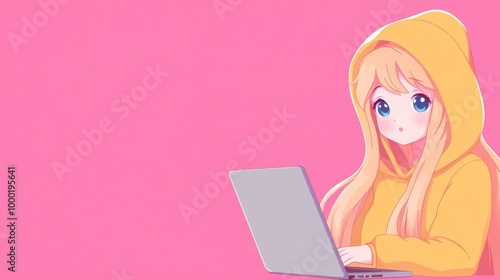 A cute girl with long blonde hair and blue eyes wearing a yellow hoodie, using a laptop, against a pink background