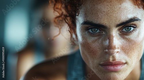 A fiercely intense woman with red curls gazes directly forward, exuding determination and strength, with her focused expression illuminated by studio lights.