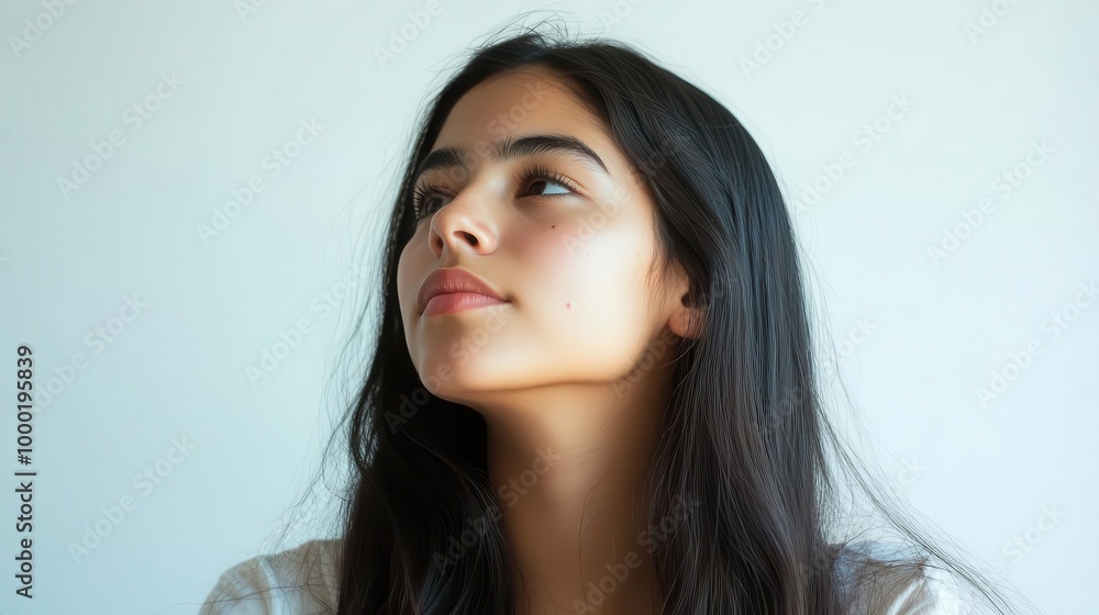 pensive latina student gazing offcamera soft natural lighting minimalist white backdrop capturing contemplative mood and youthful essence pensive latina student gazing offcamera soft natural lighting minimalist white backdrop capturing contemplative mood and youthful essence