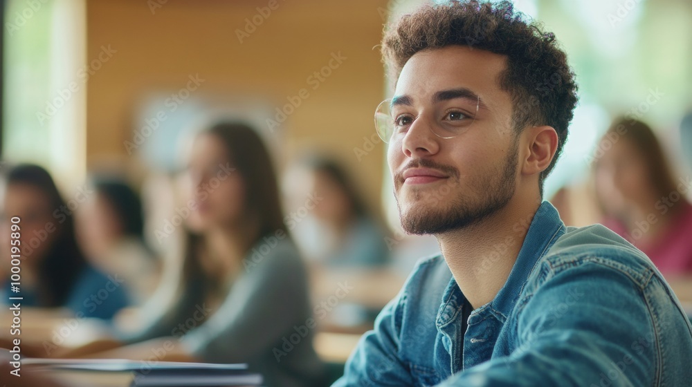 A young man in a classroom setting, focused and engaged in an educational activity.