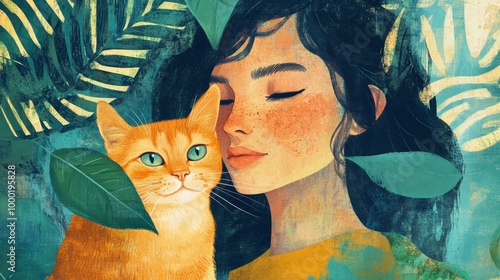 A stylized illustration of a woman with an orange cat surrounded by artistic foliage.