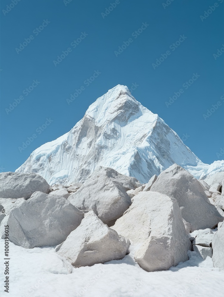 Obraz premium Majestic Mount Everest: An Aerial View of the Roof of the World, showcasing the sheer scale and grandeur of the highest mountain on Earth, with snowy peaks, rocky slopes, and a clear blue sky.
