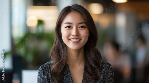 Smiling businesswoman in a sleek outfit within a modern office interior.