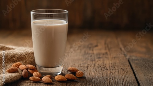 Glass of Almond Milk with Almonds on a Wooden Table