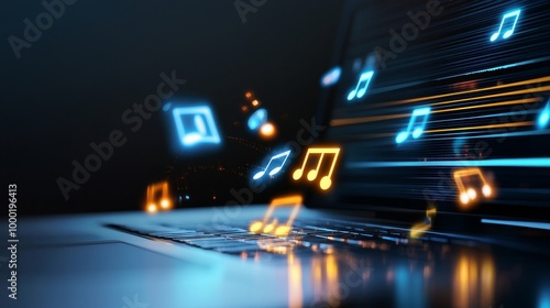 Modern Digital Landscape of HD Streaming Services, representing the digital transformation of music, entertainment, and technology. Music notes stream from a laptop, symbolizing the power of online pl photo