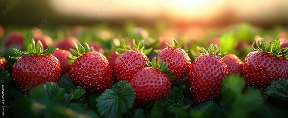 vivid field filled with clusters of ripe strawberries their bright red color contrasting with the rich green leaves sunlight glistens on the juicy surface promising freshness vivid field filled with clusters of ripe strawberries their bright red color contrasting with the rich green leaves sunlight glistens on the juicy surface promising freshness