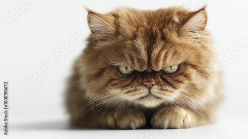 photorealistic rendering of a disgruntled cat with exaggerated facial features intense eyes and a prominent scowl capture the essence of feline grumpiness against a clean white background