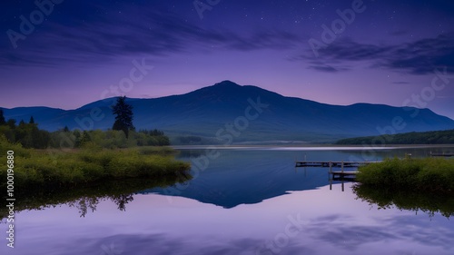 A photo of a serene landscape with a calm lake reflecting the sky