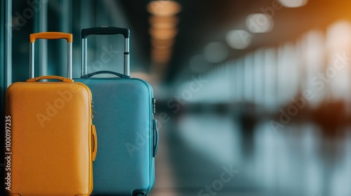 Two suitcases, one orange and one teal, positioned on the floor in an airport area, capturing the essence of travel, readiness, and the anticipation of flying.