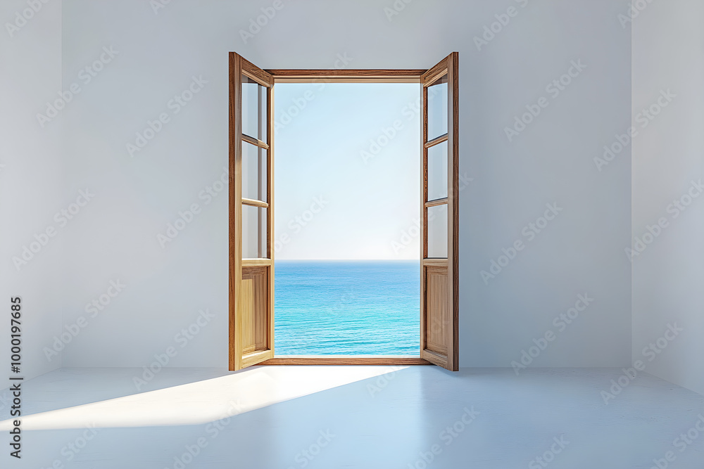 Serene Ocean View from Minimalist White Room with Wooden Window Serene Ocean View from Minimalist White Room with Wooden Window