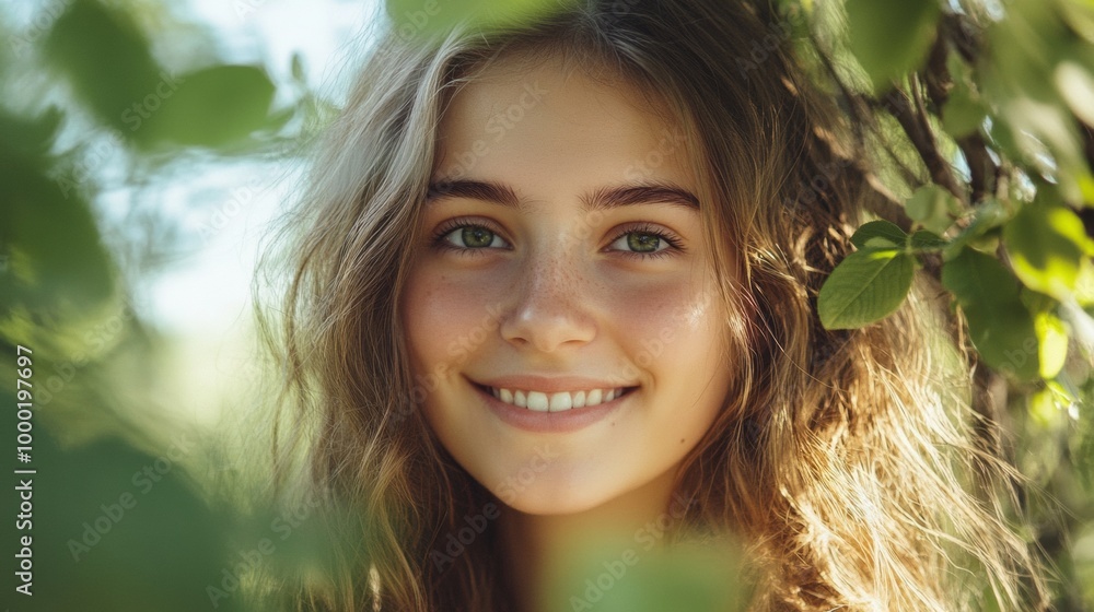 Bright smile of a young woman surrounded by leaves and sunlight in a natural environment. Bright smile of a young woman surrounded by leaves and sunlight in a natural environment.
