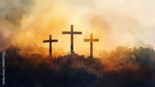 poignant good friday scene impressionistic watercolor depicting three crosses silhouetted on mount calvary muted earthy tones with touches of golden light symbolizing hope and redemption