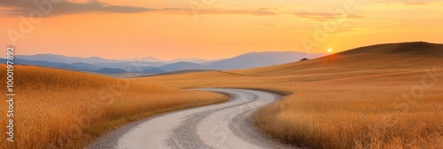 Serene Countryside Road at Sunset: Winding road through a golden field with rolling hills in the distance. The sun is setting, casting a warm glow over the landscape.