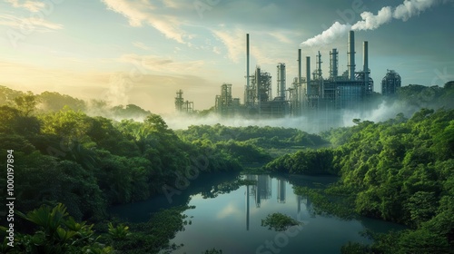 poignant juxtaposition of a gleaming futuristic factory with ecofriendly features against a backdrop of lush revitalized nature symbolizing harmony between industry and environment