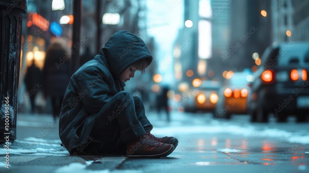 Obraz premium poignant scene of a solitary child sitting on a gritty urban sidewalk head bowed in contemplation surrounded by the hustle and bustle of city life