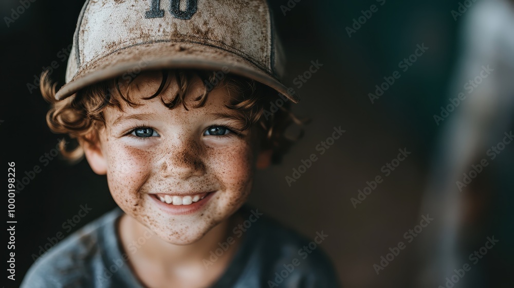 A young child with curly hair and freckles wears a dirty baseball cap and a gray shirt, beaming with a bright and cheeky smile, standing in a muddy outdoor setting. A young child with curly hair and freckles wears a dirty baseball cap and a gray shirt, beaming with a bright and cheeky smile, standing in a muddy outdoor setting.