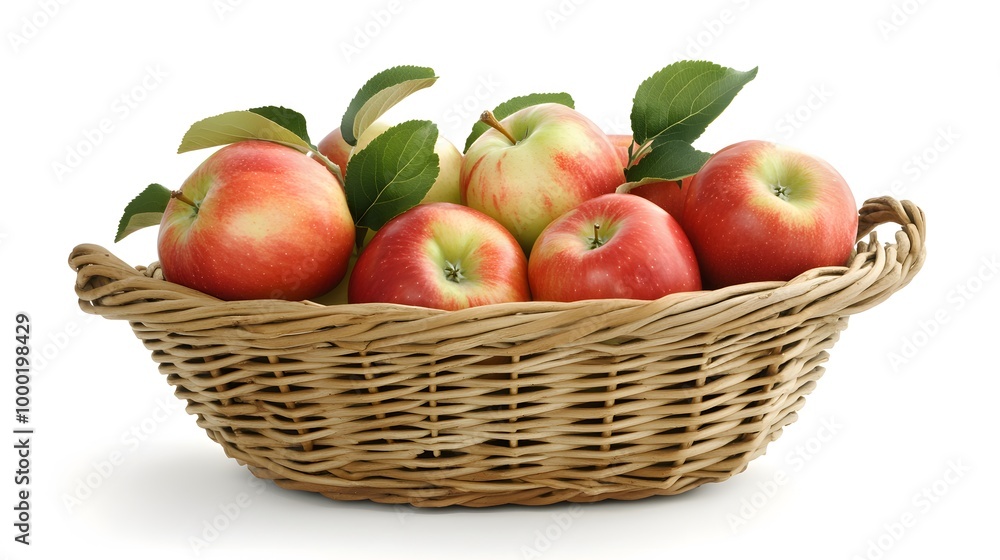 Realistic display of fresh apples in a wicker basket on a white background, emphasizing their vibrant red and green colors with smooth, glossy skins Realistic display of fresh apples in a wicker basket on a white background, emphasizing their vibrant red and green colors with smooth, glossy skins