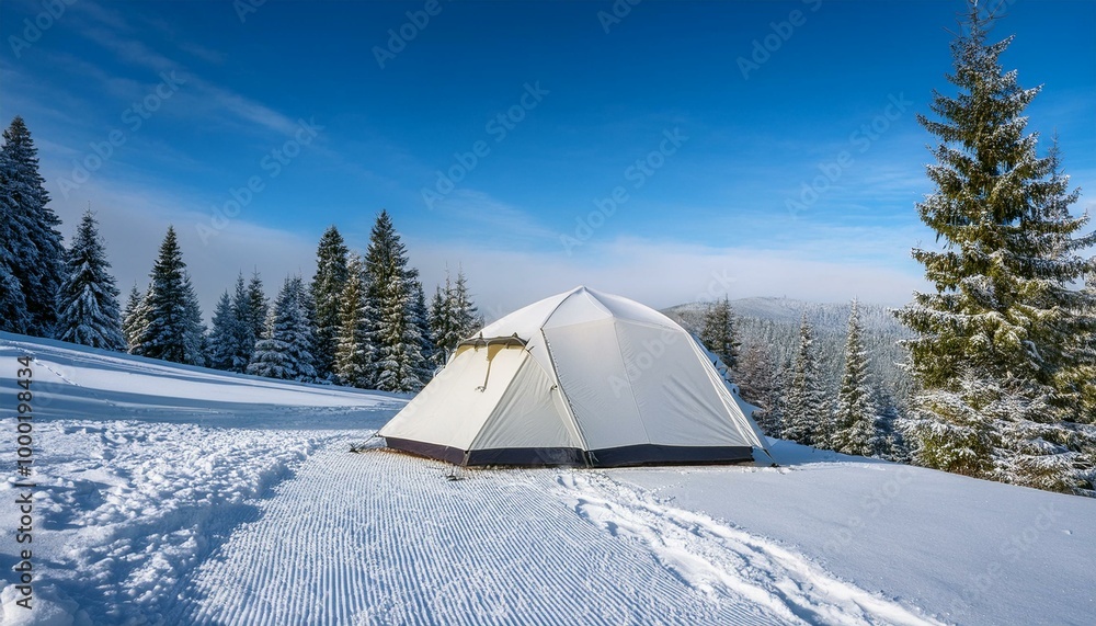 camping in winter in the mountains. tent in idyllic winter landscape in the mountains camping in winter in the mountains. tent in idyllic winter landscape in the mountains