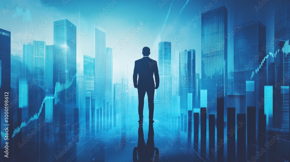 Professional man surrounded by skyscrapers and growth graphs in a futuristic setting. Professional man surrounded by skyscrapers and growth graphs in a futuristic setting.