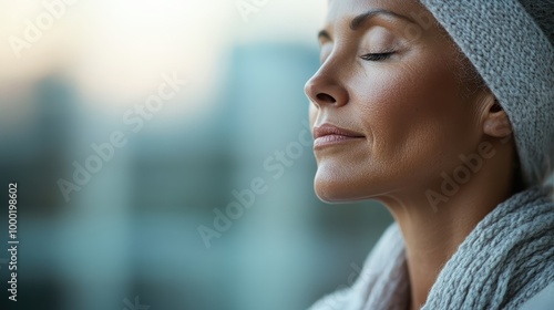 A person dressed in a cozy robe with a towel turban gazes out of a window, perhaps contemplating or relaxing after a fresh shower, set against a blurred urban backdrop.