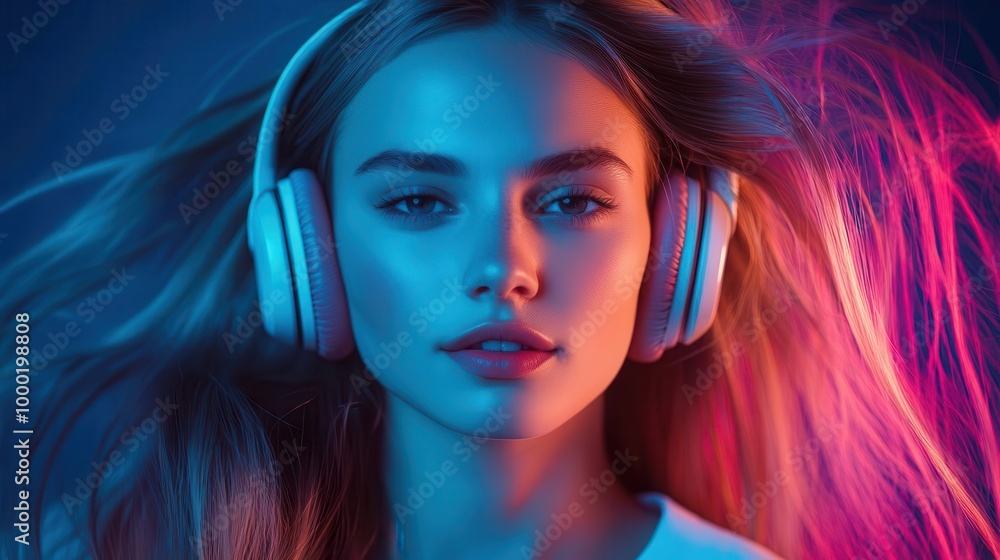 Fototapeta premium portrait of elegant woman with flowing hair wearing sleek wireless headphones soft lighting enhancing features embodying modern audio technology and style