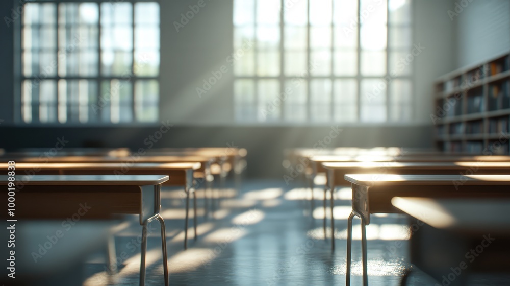 A school classroom filled with rows of wooden desks, bathed in daylight from large windows, evoking a sense of calm and readiness for learning and growth. A school classroom filled with rows of wooden desks, bathed in daylight from large windows, evoking a sense of calm and readiness for learning and growth.