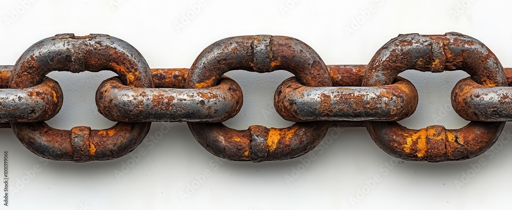 weathered rusty padlock tightly shut on a massive chain symbolizing security and protection set against a stark white background for contrast weathered rusty padlock tightly shut on a massive chain symbolizing security and protection set against a stark white background for contrast