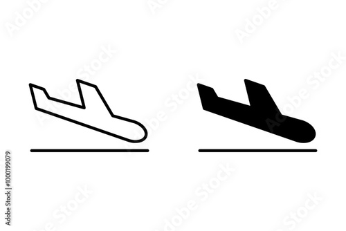 Arrivals and departure plane signs. Airport Sign. Simple icons, airplane landing and takeoff. Airport icons set: departures, arrivals.