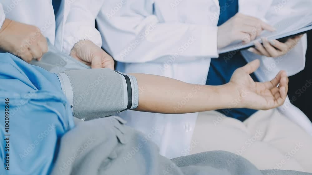 A doctor taking a patient's blood pressure. The patient's arm is equipped with a blood pressure cuff, and the doctor is using a blood pressure monitor. A doctor taking a patient's blood pressure. The patient's arm is equipped with a blood pressure cuff, and the doctor is using a blood pressure monitor.