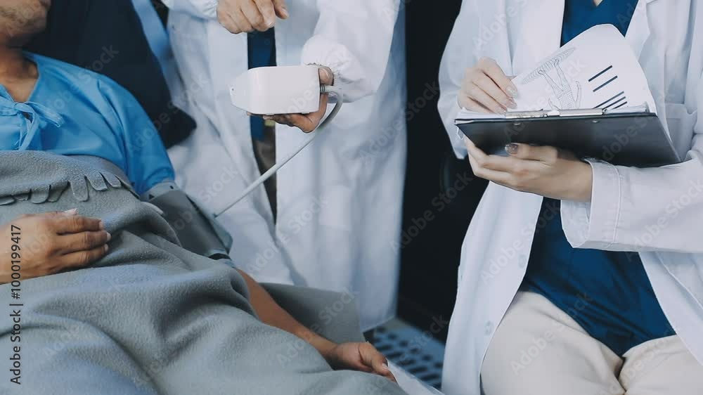A doctor taking a patient's blood pressure. The patient's arm is equipped with a blood pressure cuff, and the doctor is using a blood pressure monitor. A doctor taking a patient's blood pressure. The patient's arm is equipped with a blood pressure cuff, and the doctor is using a blood pressure monitor.
