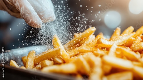 The image showcases a chef seasoning a tray of golden french fries with salt, captured in a vibrant and well-lit kitchen, highlighting the culinary process and appeal of the dish.