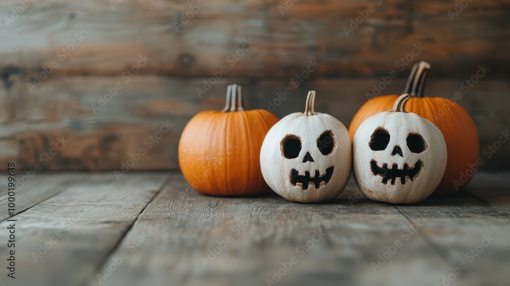Two Halloween pumpkins with carved faces are placed on a rustic wooden floor, creating a spooky yet charming atmosphere perfect for the Halloween holiday celebration. Two Halloween pumpkins with carved faces are placed on a rustic wooden floor, creating a spooky yet charming atmosphere perfect for the Halloween holiday celebration.