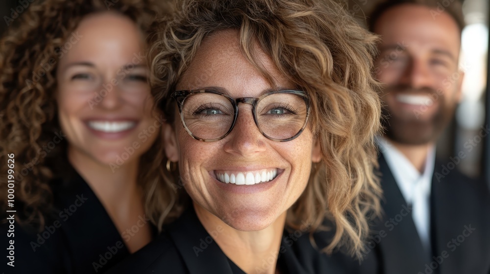 A joyful female professional with curly hair and glasses smiling brightly, embodying positivity, enthusiasm, and a successful career in modern business. A joyful female professional with curly hair and glasses smiling brightly, embodying positivity, enthusiasm, and a successful career in modern business.