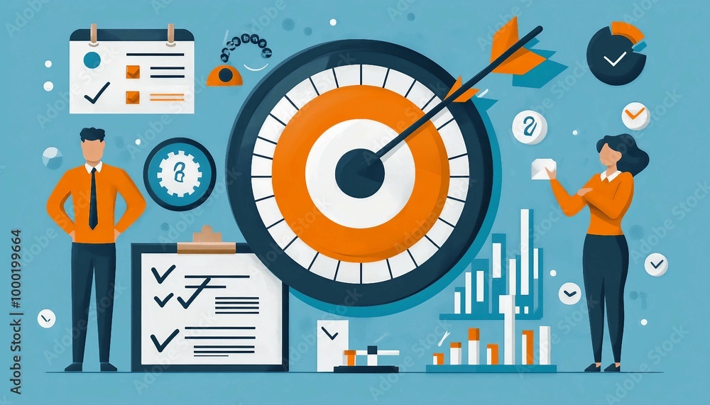 Obraz premium Tiny people developing self control system isolated flat vector illustration, A flat, modern illustration depicting a business goal-setting concept. 