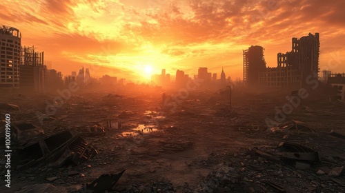 postapocalyptic wasteland ruined city landscape with dramatic sky dystopian 3d illustration