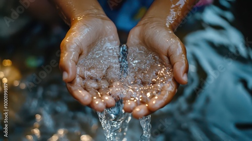 powerful image of childs hands cupping crystalclear water from a rustic outdoor tap symbolizing access to clean water in developing regions