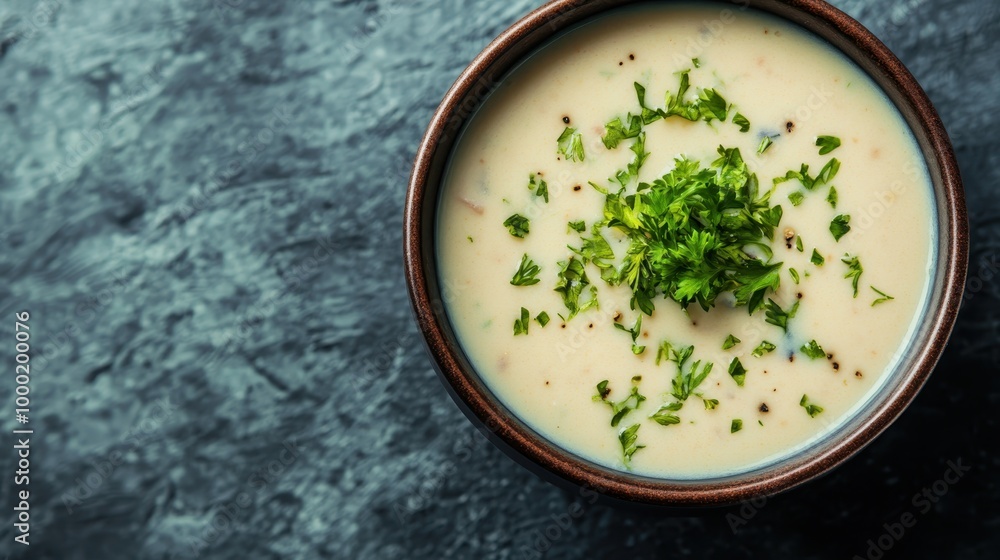 A creamy soup served in a blue bowl with a green garnish, placed on a deep gray textured surface. Perfect for culinary presentations and gourmet ingredient showcases. A creamy soup served in a blue bowl with a green garnish, placed on a deep gray textured surface. Perfect for culinary presentations and gourmet ingredient showcases.