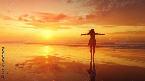 Serene Beach Sunset with Woman Silhouette with Open Arms Reflecting on the Water