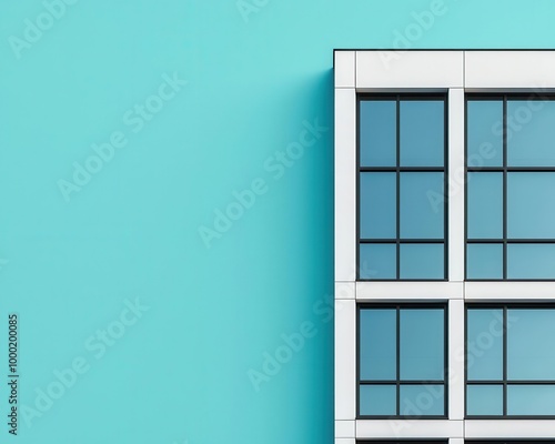 Flat bank building facade with seamless glass windows and sleek black metal trim  Industrial minimalism  cool tones  high contrast