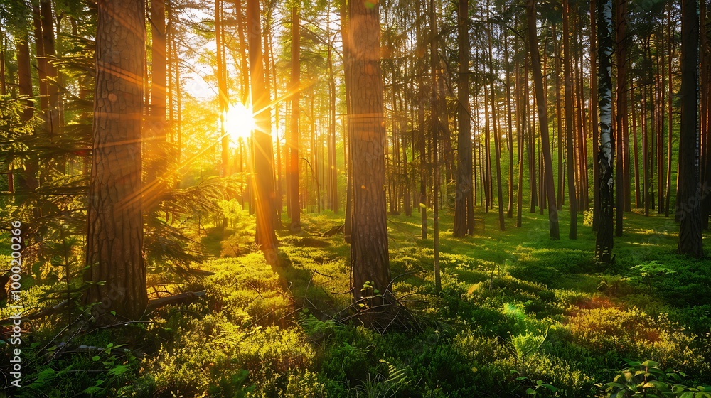 Obraz premium Sunset or sunrise in the summer pine forest with rays of light passing through the trees